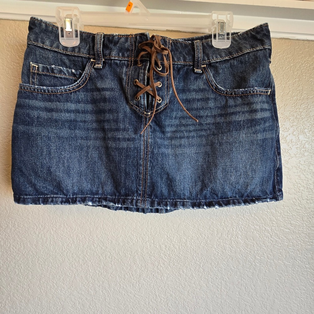 Hollister Denim low rise Dark Wash Lace Up Front Mini Skirt Skort 29